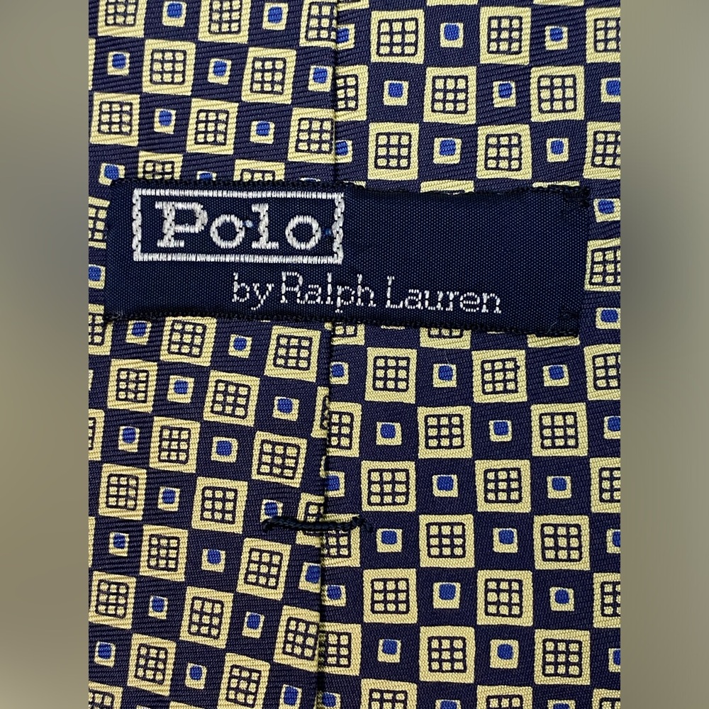Polo Ralph Lauren Tie Geometric Blue & Gold 100% Silk Squares Blocks Hand Made